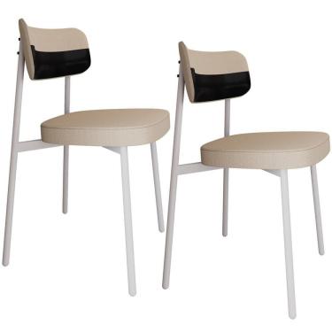 Imagem de Kit 02 Cadeiras Estofada Para Sala De Jantar Astrid Branco C01 Linho Areia Courino Preto - Lyam Decor