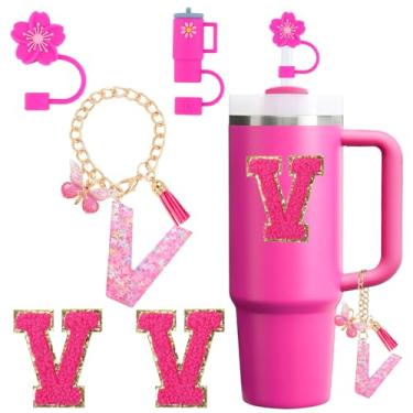 Imagem de QUNNDY Conjunto de acessórios para copo Stanley Cup 850.5 g 1,134.0 g copo com alça, incluindo tampa de cobertura de palha de silicone, pingente de alça, adesivo de iniciais fúcsia (V)