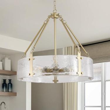 Imagem de Viksroeo Lustre Gold Para Sala De Jantar, 20" Vidro Texturizado Moderno, 6 Lâmpadas, Luminária Cristal, Vintage, Redondo, Pendurar Em Ilha Cozinha Sobre A Mesa