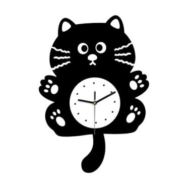 Imagem de WeiLaiKeQi Relógio de parede em formato de gato, decoração para casa, fácil instalação, moderno e adorável relógio silencioso para quarto infantil, decoração de, Preto