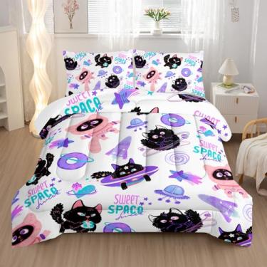 Imagem de Nttopship Conjunto de edredom infantil fofo, gato espacial rosa, 3 peças, para adolescentes, meninos, meninas, adultos, preto, animal fofo, decoração de quarto, 2 fronhas, todas as estações