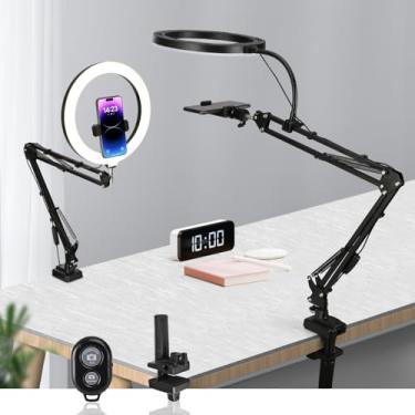 Imagem de WEIIBDIE Suporte de câmera superior com anel de luz de selfie de 25,4 cm, suporte ajustável para braço de telefone, suporte de tripé de mesa, kit de iluminação criador de conteúdo com controle remoto