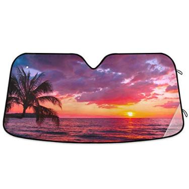Imagem de Oarencol Palmeira Sunset Carro Para-brisa Tropical Praia Rosa Céu Protetor Solar Solar Solar com Raios UV Dobrável para manter seu veículo fresco (139 x 70 cm)