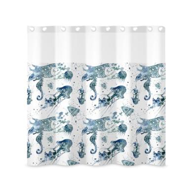Imagem de ggaimwf Conjunto de cortina de chuveiro e forro de 188 x 188 cm sem gancho, água-viva, cavalo marinho, halobios, pano de encaixe, cortinas de chuveiro para banheiro, náutico, litoral, moderno, moderno