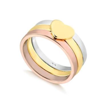 Imagem de Anel Triplo Coração Dourado Lisos Branco Rose Folheado Ouro - Radhau J