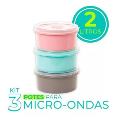 Imagem de Kit 3 Potes Micro-Ondas Redondo Tampa 2 Litros Plasvale