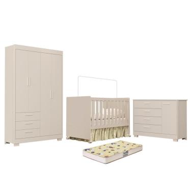 Imagem de Kit Dormitório para Quarto do Bebê Berço Americano Zaki em MDF com Colchão Incluso Bege Fosco