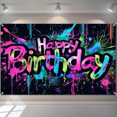 Imagem de HOMETITUTE Banner neon feliz aniversário 304 x 213 cm cenário de fotografia decorações de fundo de festa colorido grafite respingo tinta infantil suprimentos de aniversário brilham no escuro