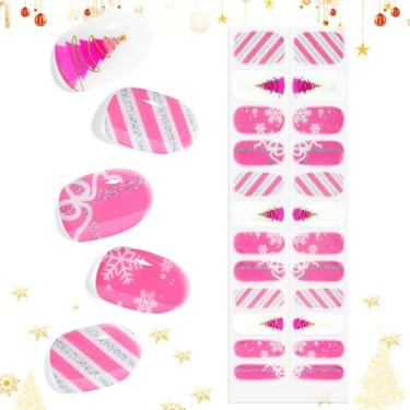 Imagem de EBANKU 24 peças de tiras de unhas de gel semicuradas de Natal, adesivos de árvores, adesivos de glitter rosa, tiras de esmalte de floco de neve com lixa e bastão para manicure de férias