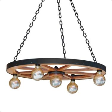 Imagem de Luminária Pendente Rústica Roda de Carroça Gigante – MDF e Correntes Nylon (Grande)