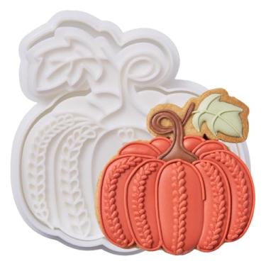 Imagem de Flycalf Cortador de biscoito de outono de ação de graças padrão de espigas de trigo com carimbos de êmbolo acessórios de cozimento PLA moldes de cortador presentes para crianças festa decorativa 9 cm