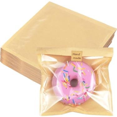 Imagem de Pacote com 100 sacos de padaria seláveis a quente com janela, sacos de papel para biscoitos de 18 x 19 cm com selo, sacos de papel para sanduíche, pastelaria, fatia de bolo