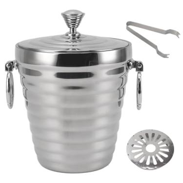 Imagem de Balde de gelo de aço inoxidável balde de vinho com isolamento de parede dupla refrigerador de bebidas de grande capacidade com pinça de tampa coador para bar festa uso doméstico (2L)