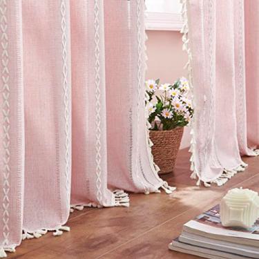 Imagem de Cortinas Boho de linho lindas cortinas rosa bordadas para quarto de meninas quarto de berçário 84 polegadas de comprimento 2 painéis cortinas de fazenda com filtro de luz para sala de estar cortinas de bolso de haste (132 cm L x 213 cm C, rosa)