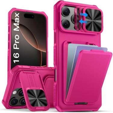 Imagem de SSLOTSCASE Capa para iPhone 16 Pro Max com suporte para cartão, suporte para câmera, suporte e capa de lente de câmera deslizante, capa protetora robusta multifuncional para iPhone 16 Pro Max de 6,9