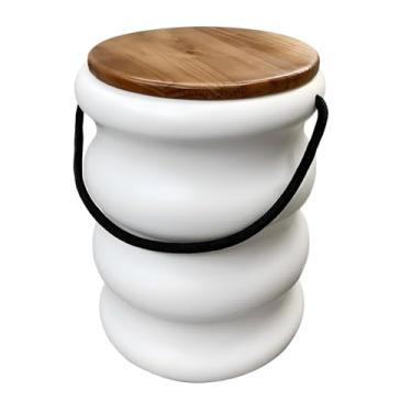 Imagem de Banqueta Baú Ondulada com Tampo de Madeira, Alça em Corda Náutica, 46 cm Altura, 35 cm Diâmetro, Suporta 150 kg, para Sala, Quarto e Varanda