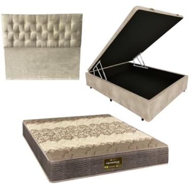 Imagem de Cama Box Baú Blindada com Colchão de Espuma Orthopedic + Cabeceira Botonê - Casal 138x188 (SUEDE BEGE)