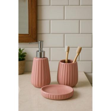 Imagem de Kit Banheiro Lavabo De Cerâmica 3 Peças Essentia Rosa Mek