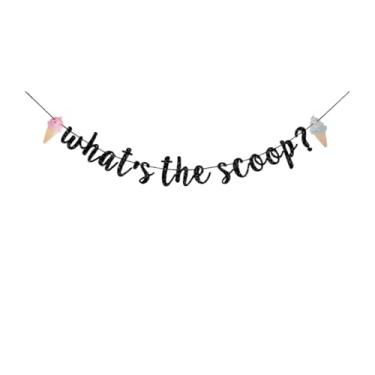 Imagem de SUBOOCA What's The Scoop Banner, placa de festa de chá de bebê com tema de sorvete, suprimentos de bunting de festa revelação de gênero preto glitter