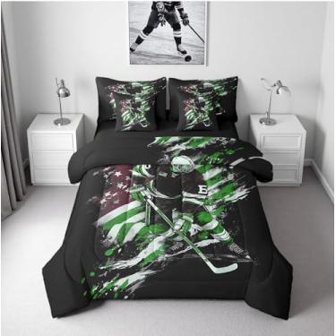 Imagem de Erosebridal Jogo de cama casal com estampa de jogador de hóquei, 7 peças, com lençol de cima e lençol com elástico para crianças, adolescentes, preto e verde, com fronha e capa