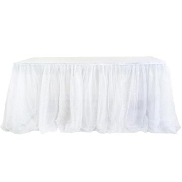 Imagem de Deugold Saias de mesa brancas de 1,8 m para mesas retangulares, pacote com 2, capa de toalha de mesa de tule para festa de aniversário, bolo de casamento, sobremesa, princesa, decoração de mesa de chá