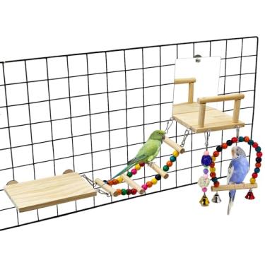 Imagem de BNOSDM Periquito de madeira 6 em 1 com plataforma de poleiro para pássaros com espelho, escada de escalada, acessórios para gaiola de pássaros para papagaios, periquitos, conures, tentilhões