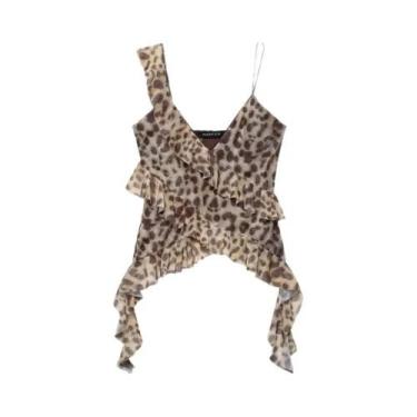 Imagem de Top Camisola Sem Mangas Com Estampa De Leopardo E Renda Para Mulheres,