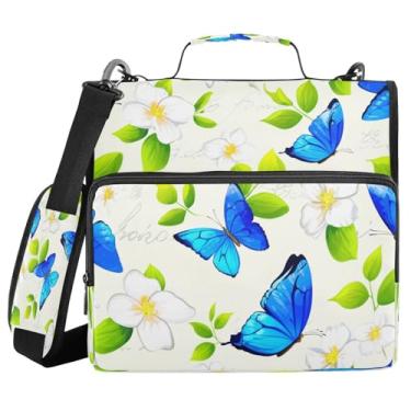 Imagem de STAYTOP Fichário escolar de borboleta azul com alça de ombro, anéis de vedação de 3,9 cm, capacidade para 600 folhas, pasta de arquivos expansível, vários bolsos e organizador de armazenamento