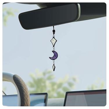 Imagem de Velasyart Pingente de carro de lua e estrela de vitral feito à mão – Acessório celestial exclusivo para carro, presente de aniversário romântico para sonhadores