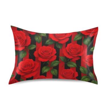 Imagem de Rosas vermelhas listras pretas cetim legal fronhas resfriamento padrão king queen fronha personalizada conforto fronhas queen size 76,2 cm x 50,8 cm