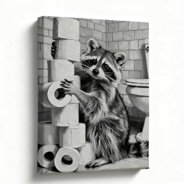 Imagem de Arte de parede de banheiro, impressão engraçada em tela de guaxinim, pilha de papel higiênico preto e branco, decoração de banheiro de fazenda moderna, arte de humor de lavabo, 20 x 25 cm