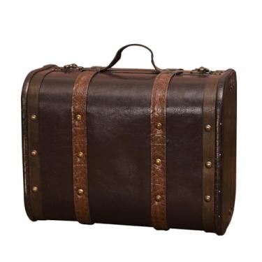 Imagem de Mala Vintage de Madeira com Acabamento em Couro Caixa Armazenamento Antiga Bagagem Decorativa para Acessórios Fotografia Decoração Casa Trava Sem Chave Alças Resistentes Manufatura Exquisita Multiprop