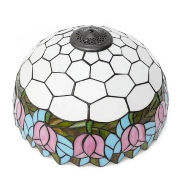 Imagem de Abajur de reposição estilo Tiffany de 40 cm com cúpula, estampa de tulipas rosa mediterrâneas em vitral. Ideal para luminárias de mesa, de chão e de leitura.