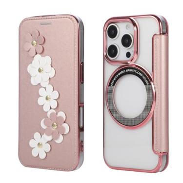 Imagem de Capa carteira para celular iPhone 16 Pro, 3 compartimentos para cartão e anel magnético, bloqueio RFID, compatível com carregamento sem fio, traseira transparente, design floral de couro, proteção