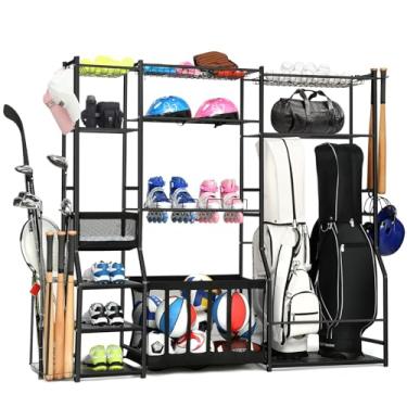 Imagem de Organizador grande de equipamentos esportivos de garagem, armazenamento de saco de golfe, armazenamento de bolas, rack organizador esportivo atualizado para bolas com suporte e ganchos, caixas de