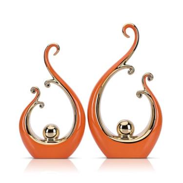 Imagem de LCCCK Estátua de cerâmica de decoração laranja e dourada brilhante, arte de escultura abstrata moderna para centro de mesa de luxo - Prateleiras de livros e decorações de mesa de jantar, suporte de TV