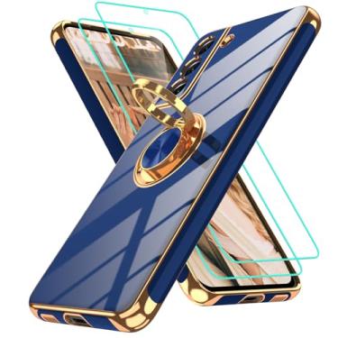 Imagem de Gritup Capa para Samsung Galaxy S21 FE | 2 peças protetoras de tela | Suporte magnético de rotação de 360°, capa protetora à prova de choque de TPU macio com borda dourada banhada a ouro para S21 FE