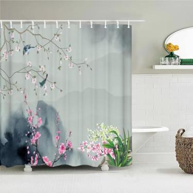 Imagem de Cortina de banheiro com paisagem chinesa, estilo japonês, estampa de pássaros, cortinas de chuveiro, impermeável, poliéster, decoração de casa, 55 x 71 pol. - 140 x 180 cm/L x A