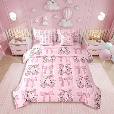 Imagem de Erosebridal Conjunto de cama King com laço rosa, bola de discoteca, vaqueira, rosa, para meninas e crianças, conjunto de cama com laço xadrez branco e rosa fofo com laço e cereja em uma bolsa com