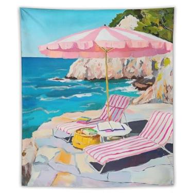 Imagem de Tapeçaria rosa para guarda-sol e cadeiras, penhasco costeiro, vista para o oceano, pintura a óleo, vibrante, decoração de parede, tema de praia, decoração de casa para quarto, sala de estar, ambiente