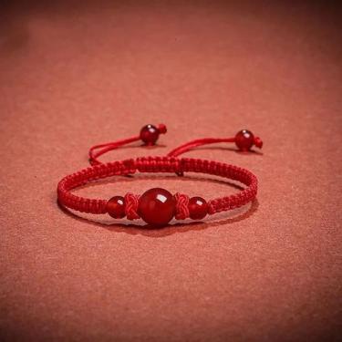 Imagem de Pulseira De Casal De Cordão Vermelho Imitando Ágata Natural, Trançada 