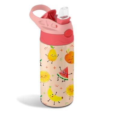 Imagem de CGMIBAS Garrafa de água infantil de 350 ml, garrafa de água de frutas felizes para escola, garrafas infantis isoladas com canudo e alça, à prova de vazamento, sem BPA, tampa de palha, copo de presente