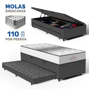 Imagem de Cama Box Baú com Colchão de Molas Ensacadas Double Face Essence Probel + Auxiliar Solteiro 88cm