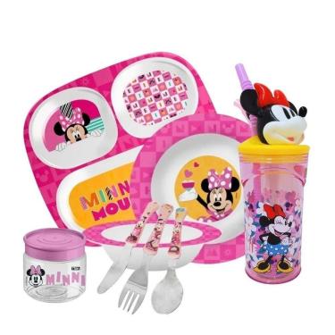 Imagem de Kit Refeição Infantil Minnie 8 Peças Melamina, Copo 3d, Talheres Inox E Pote Multiuso