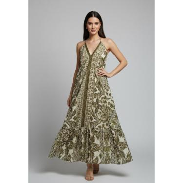 Imagem de Vestido Longo Indiano Verde Pistache Feminino Estampado Verão Praia Fresco-Feminino