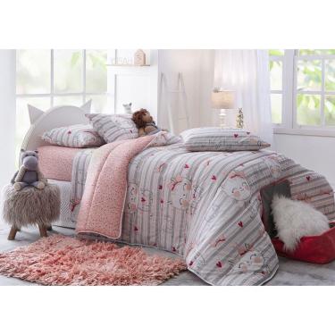 Imagem de Edredom Solteiro Dupla Face  Infantil Happy Day Meow Gatos Rosa e Cinza
