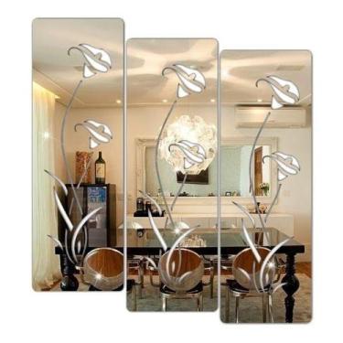 Imagem de Kit 3 Espelhos Decorativos Acrílico Flores Sala Cozinha - Papel E Pare