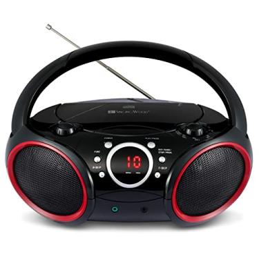 Imagem de SINGING WOOD CD Player portátil 030C Boombox com rádio estéreo AM FM, entrada de linha auxiliar, conector de fone de ouvido, CA ou bateria compatível (preto com um toque de aros vermelhos)