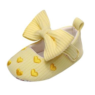 Imagem de 7c Sapatos para meninos e meninas sapatos únicos bordado coração laço primeiro andador sapatos todos os tênis para meninas, Amarelo, 6-12 Meses