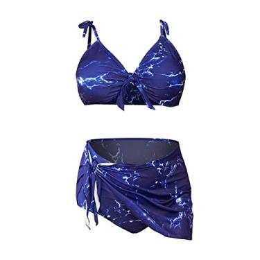 Imagem de Conjunto de biquíni plus size para mulheres com shorts, conjunto de biquíni com saia, Azul, GG